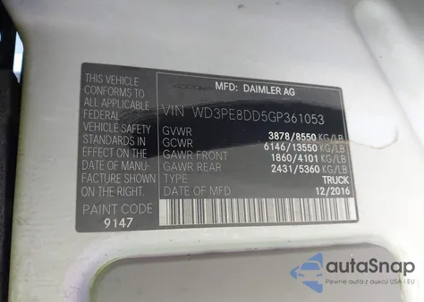 2016 Mercedes-Benz Sprinter 2500 High Roof z USA, uszkodzony, nr VIN WD3PE8DD5GP361053